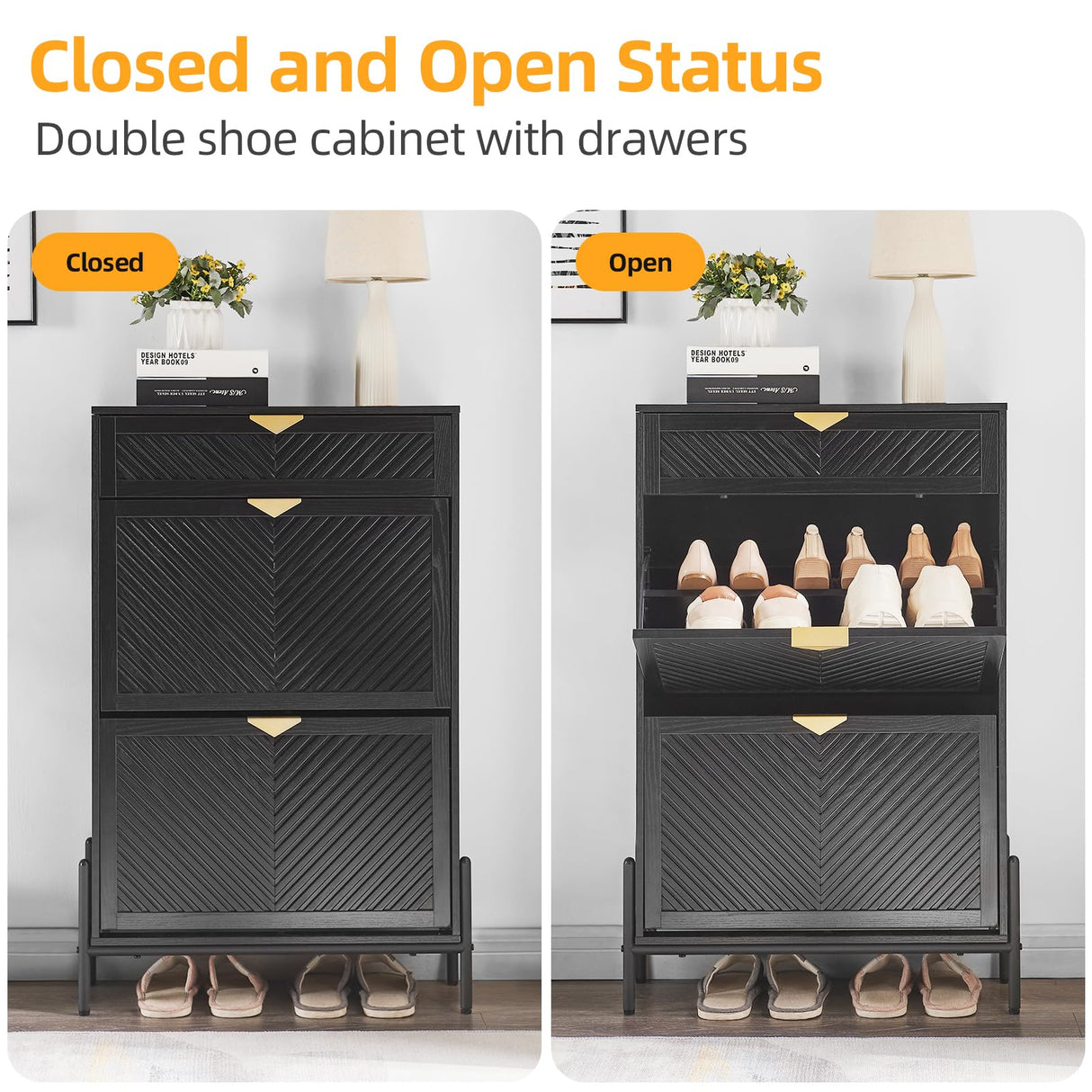 HUSHEDIFY Shoe Cabinet Storage with 2 Flip Drawers, Narrow Hidden Shoes Organizer Cabinet for Entryway, Freestanding Slim Shoe Rack Front Door Entrance(Black) HUSHEDIFY