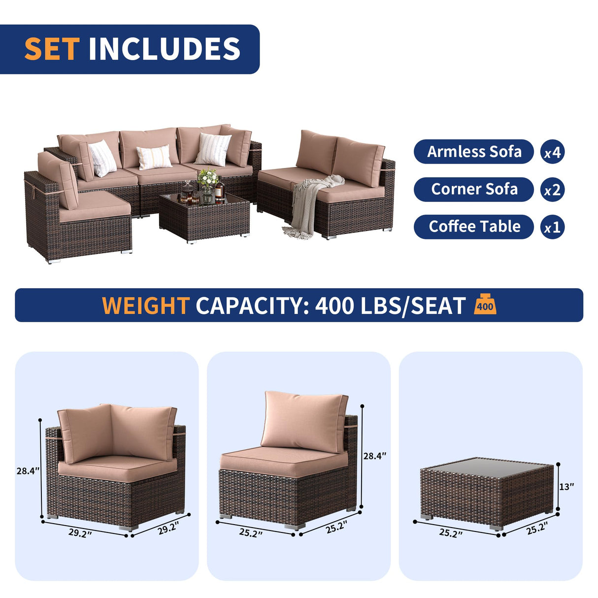 VONZOY Patio Furniture Set, 7-Piece Outdoor Sectional with Waterproof Cover, All-Weather Wicker Patio Conversation Sets for Backyard (Brown with Beige Cushion) VONZOY