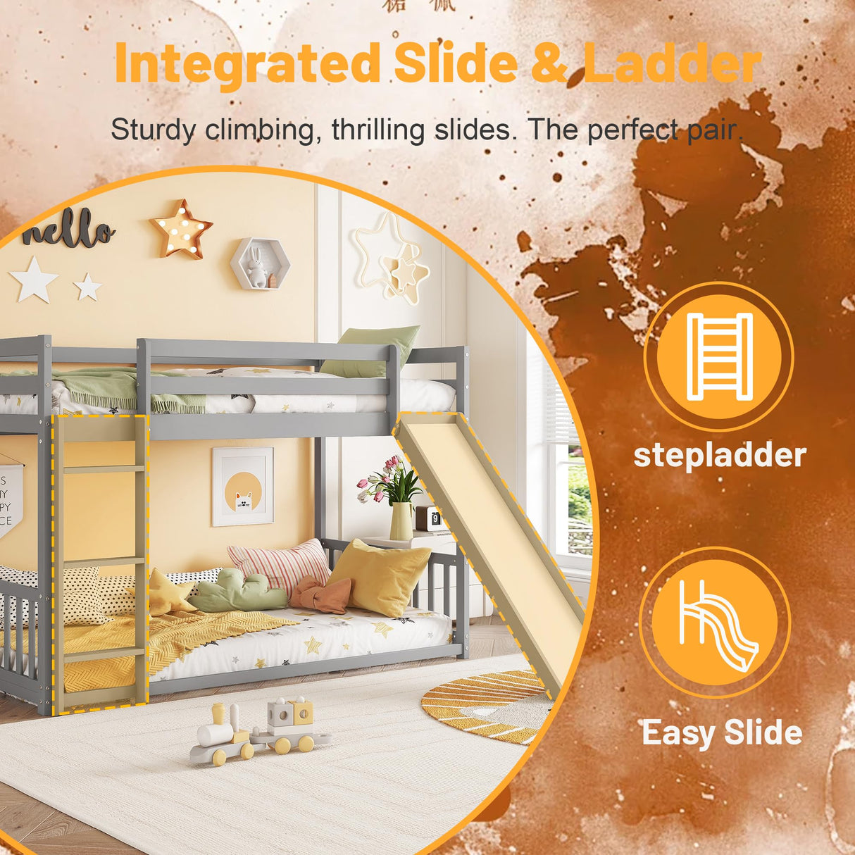 OYUMOENTS Twin Over Twin Bunk Bed with Slide, Low Bunk Bed Frame with Detachable Rails, Convertible Kids Bed with Slide and Ladder for Kids Boys Girls, Gray OYUMOENTS