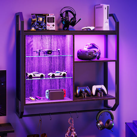 Bestier 34" LED Floating Shelves with Adjustable Glass Display, Industrial Pipe Design for Gaming & Home Decor Bestier