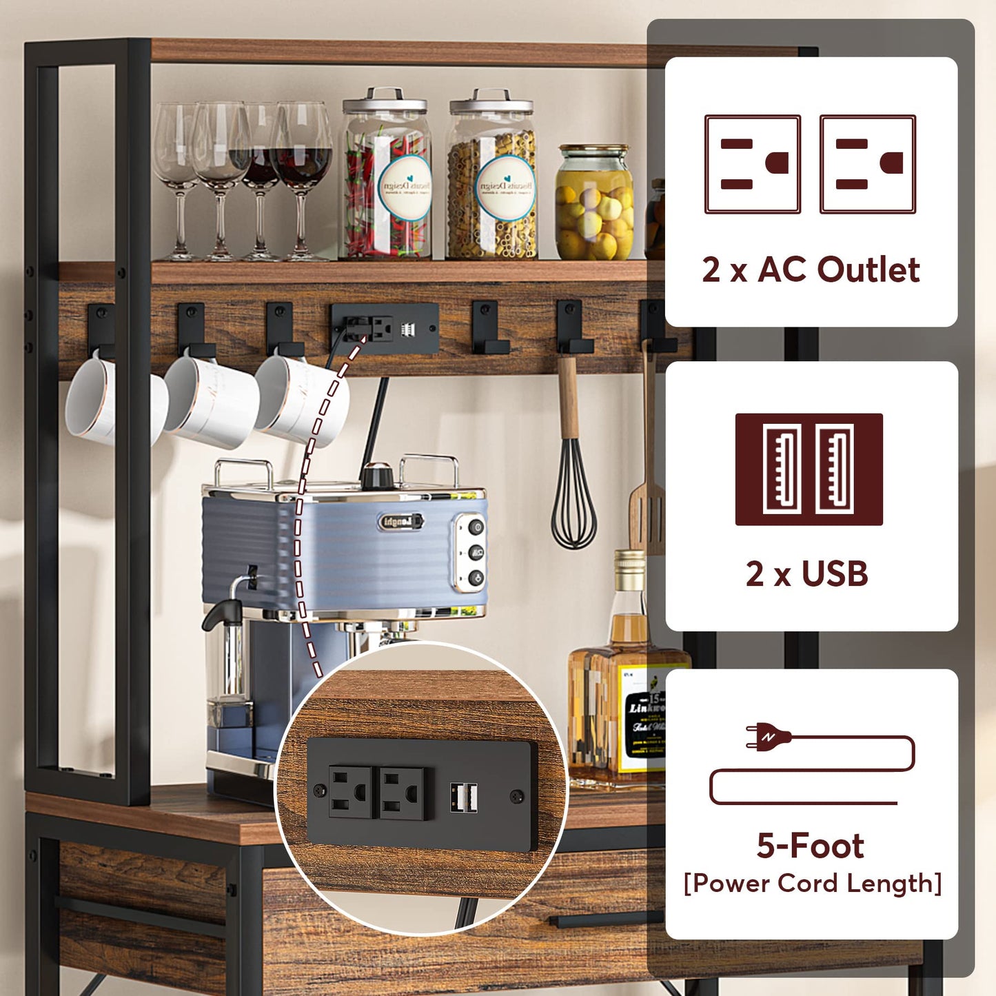 Tribesigns Rustic Brown 5-Tier Kitchen Bakers Rack with Power Outlets and Drawers - WoodArtSupply