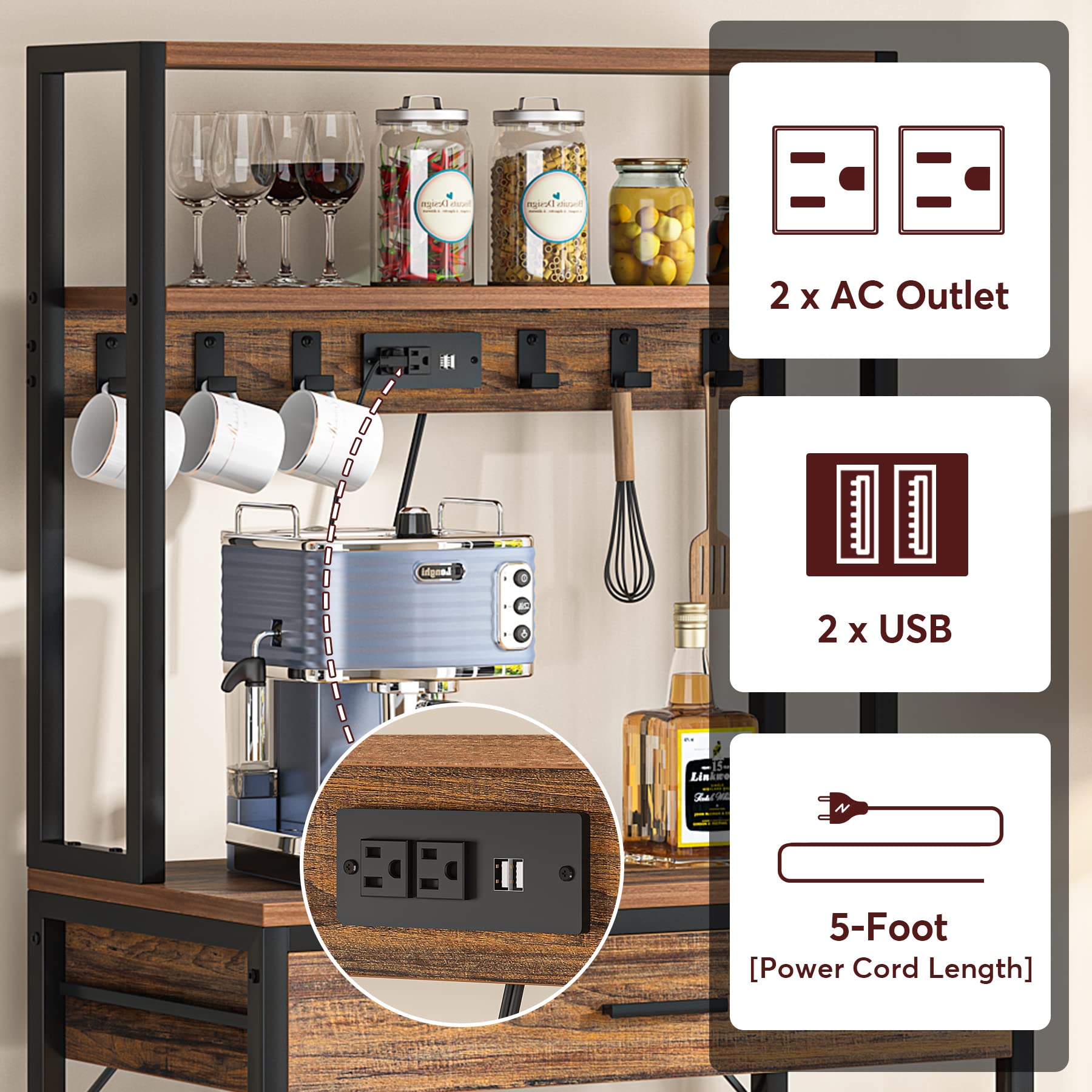 Tribesigns Rustic Brown 5-Tier Kitchen Bakers Rack with Power Outlets and Drawers - WoodArtSupply