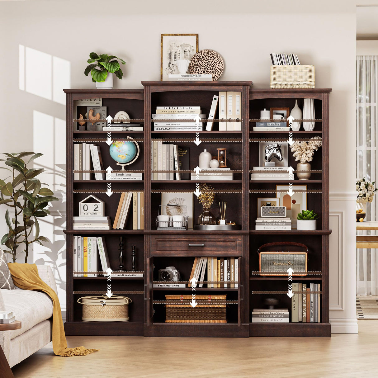 Spurgehom 70" Tall Bookshelves and Bookcases with Doors Large Bookshelf with Drawers, Farmhouse Bookcase with Storage Cabinet, Standing Display Storage Bookshelf for Home Office, Brown Spurgehom