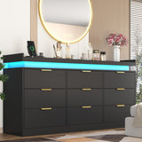 9 Drawer Dressers for Bedroom, Black Dresser with LED Lights and Power Outlet, Large Dresser Wooden Long Dresser, Double Wide Drawer Triple Dresser for Bedroom, Living Room, Entryway, Hallway knoworld
