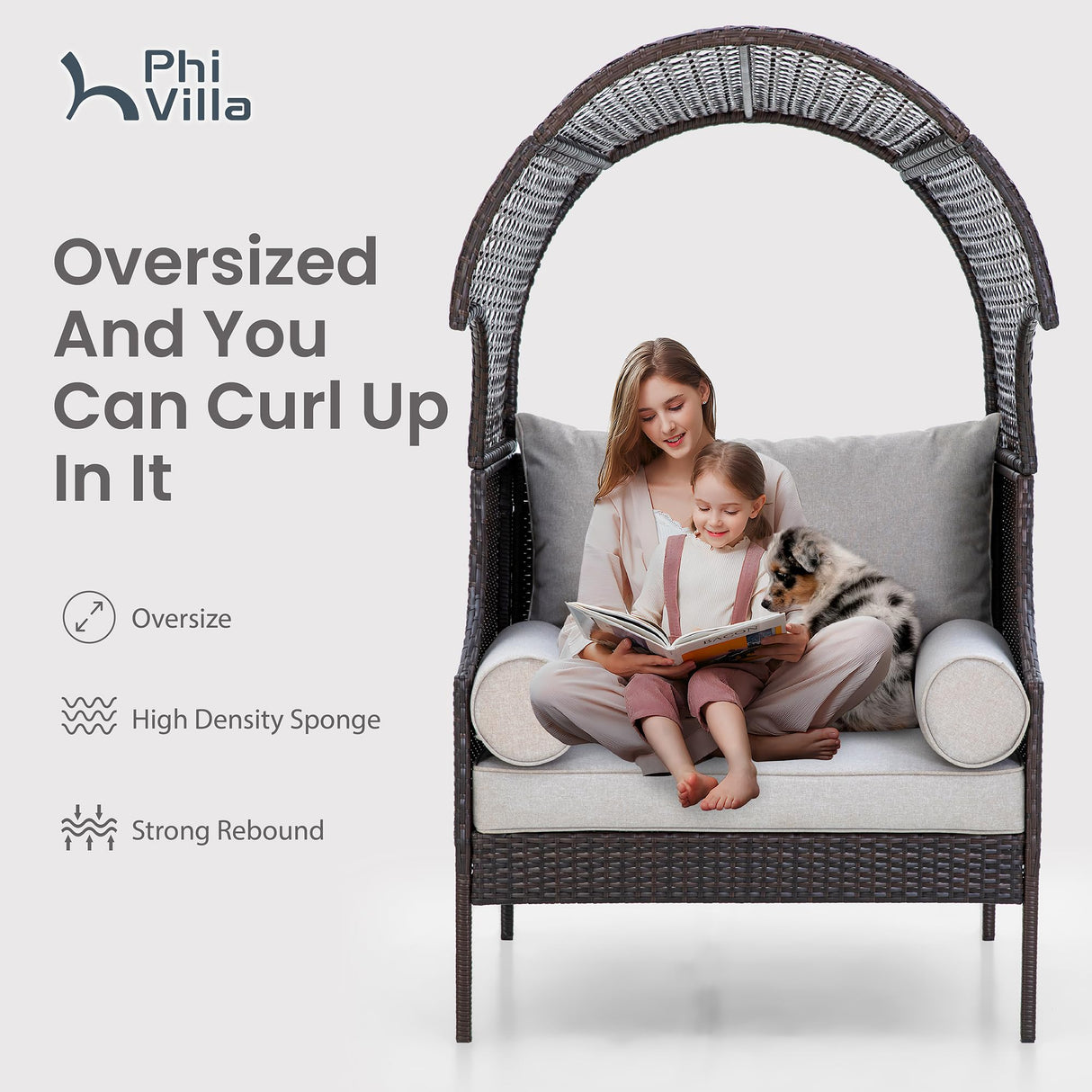 PHI VILLA Outdoor Wicker Egg Chair, Oversized Lounge Chair with Cushion, Large Brown Basket Rattan Chair for Patio, Porch, Garden, Balcony, Indoor PHI VILLA