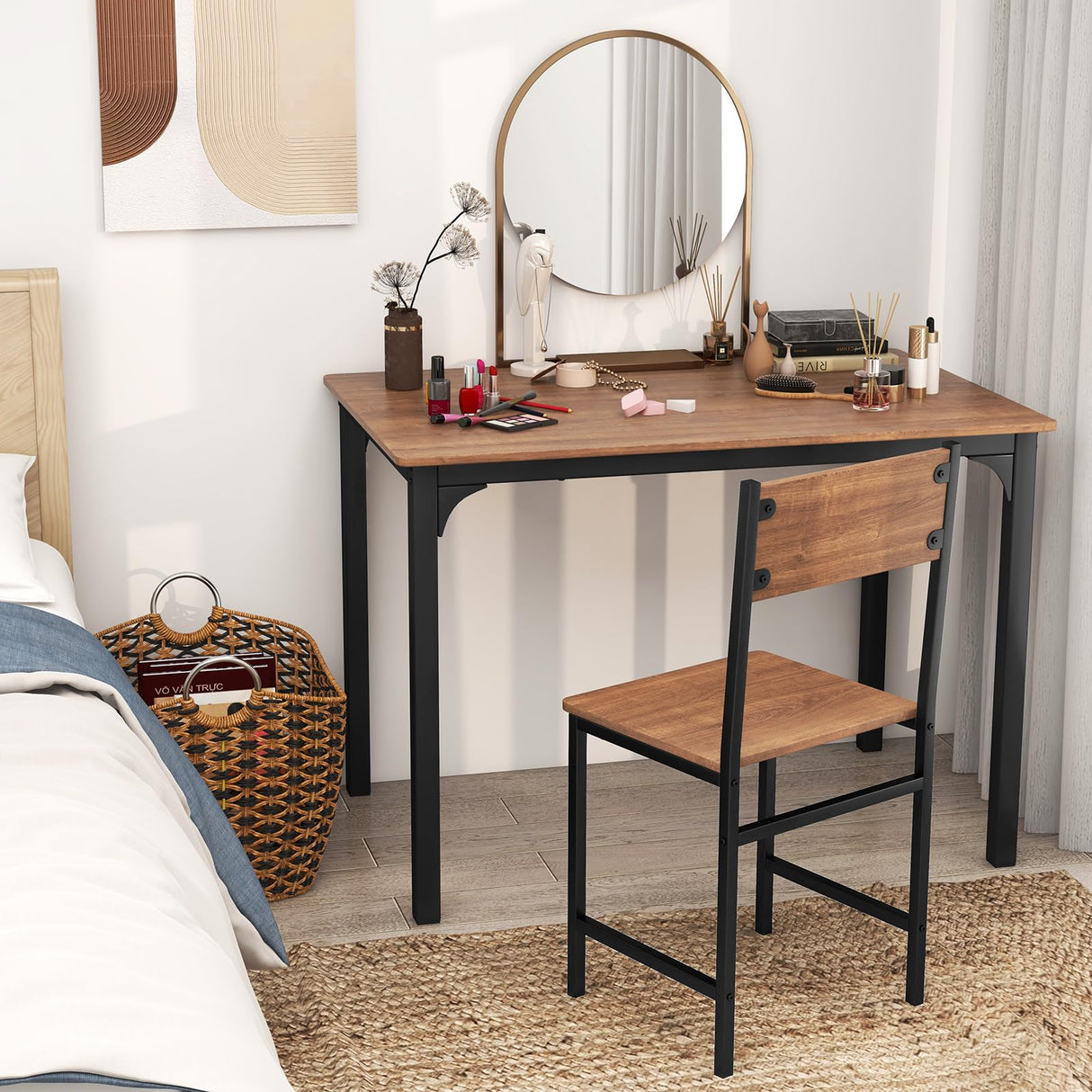 Giantex Dining Table Set for 4, 43" Kitchen Table and Chairs, Dining Bench with Metal Frame & Storage Rack, 4-Piece Modern Functional Desk Set for Dinette, Small Space, Apartment, Restaurant, Brown Giantex