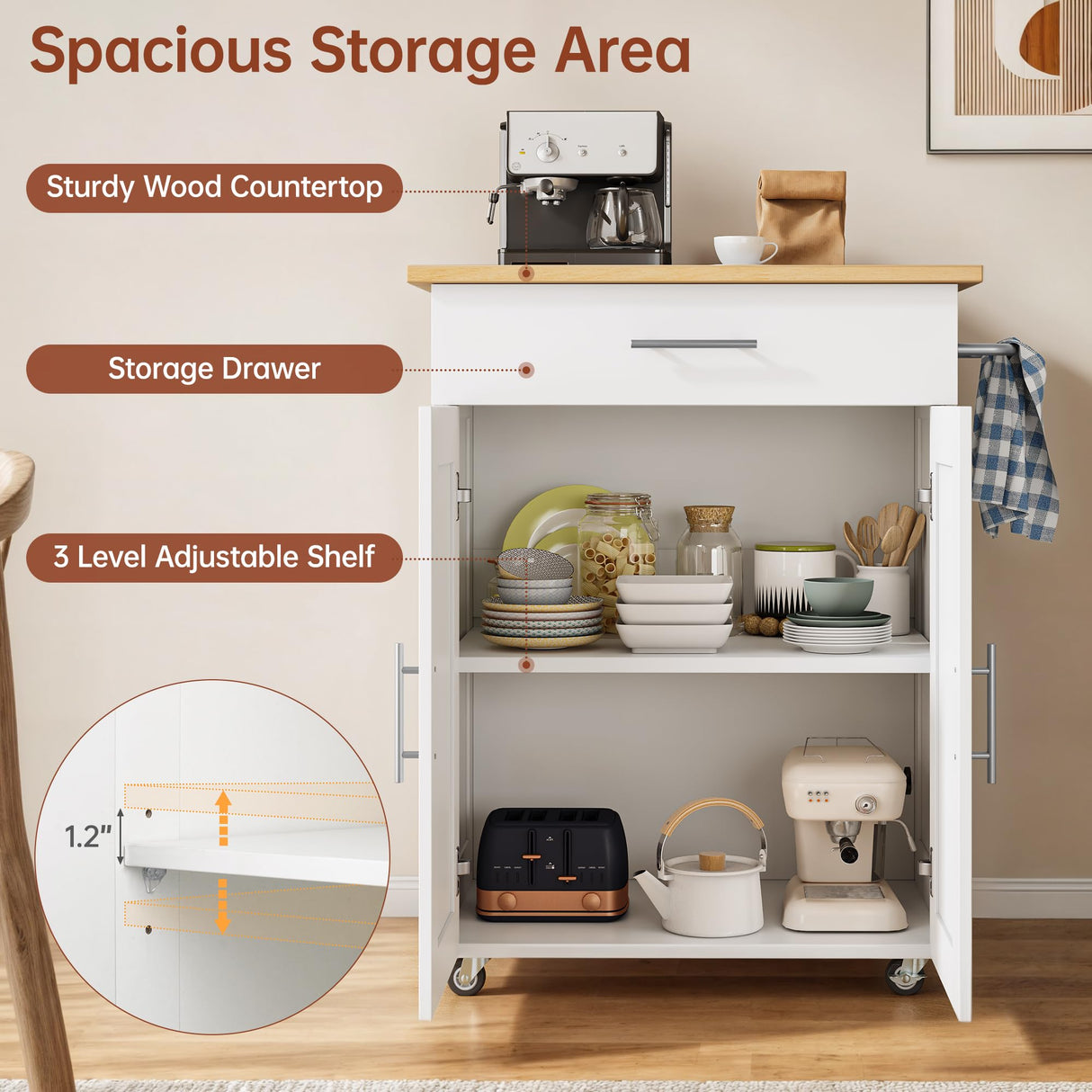 OtterOasis Kitchen Island Cart with Storage, Small Kitchen Island on Wheels with Large Drawer, Adjustable Shelf & Towel Rack, Rolling Island Table for Kitchen & Dining Room, White OtterOasis