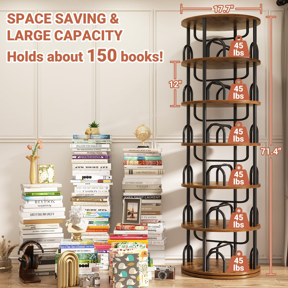 Aheaplus 6 Tier Rotating Bookshelf Tower, Revolving Bookcase, 360° Round Spinning Book Shelf, Narrow Swivel Bookshelves Vertical Turning Corner Bookshelf Organizer for Small Space, Rustic Brown Aheaplus