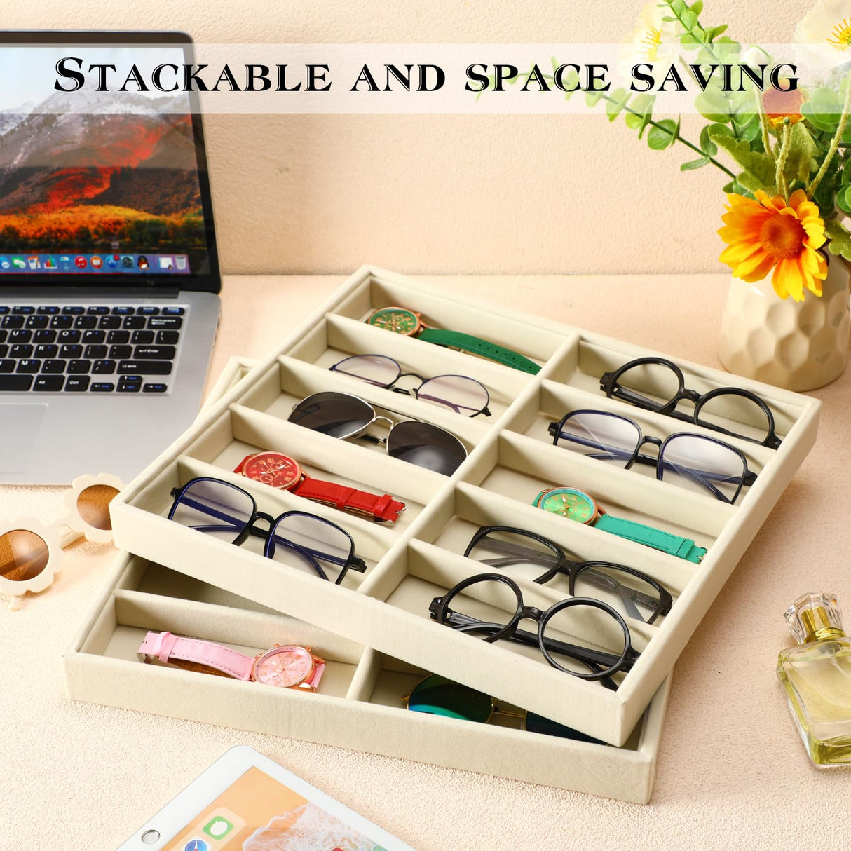 Batiyeer Sunglasses Organizer Storage Tray 10 Grids Eyewear Watch Holder Display Stackable Ice Velvet Tray Women(White,2 Pcs) Batiyeer