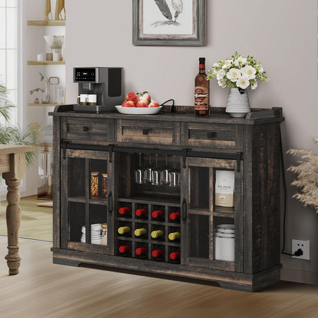 DWVO Farmhouse Coffee Bar Cabinet，53” Kitchen Sideboard Buffet Cabinet with Storage, 3 Drawers & Sliding Barn Door, Storage Cabinet with Glass Door for Kitchen & Living Room, Dark Rustic Oak DWVO