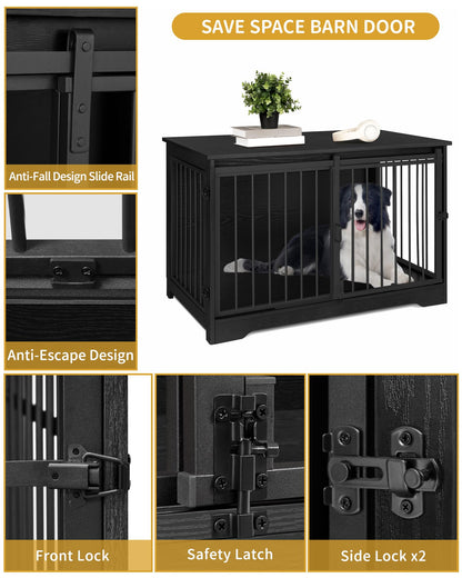 Hzuaneri Dog Crate Furniture, 39.4" Double Door Dog Crate with Barn Door, Dog Kennel Indoor, End Side Table Wooden Dog Crate for Small Medium Large Dog, Anti-Chew Anti-Escape, Black - WoodArtSupply