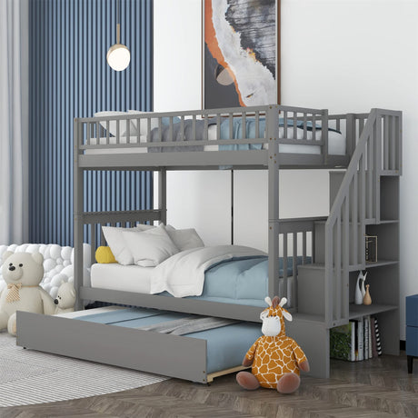 Harper & Bright Designs Twin Over Twin Bunk Bed with Trundle, Grey Harper & Bright Designs