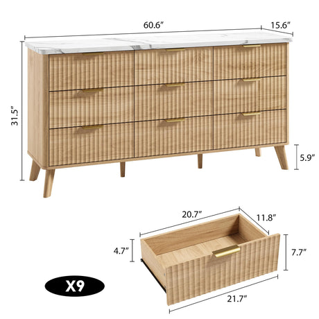 Fluted Dresser for Bedroom with 9 Deep Drawers, 60.6" Wide Modern Chest of Drawer with Faux Marble Top, Wooden Dresser TV Stand, Curved Profile Design, for Living Room, Kids Room, Hallway, Natural Oak GarveeHome