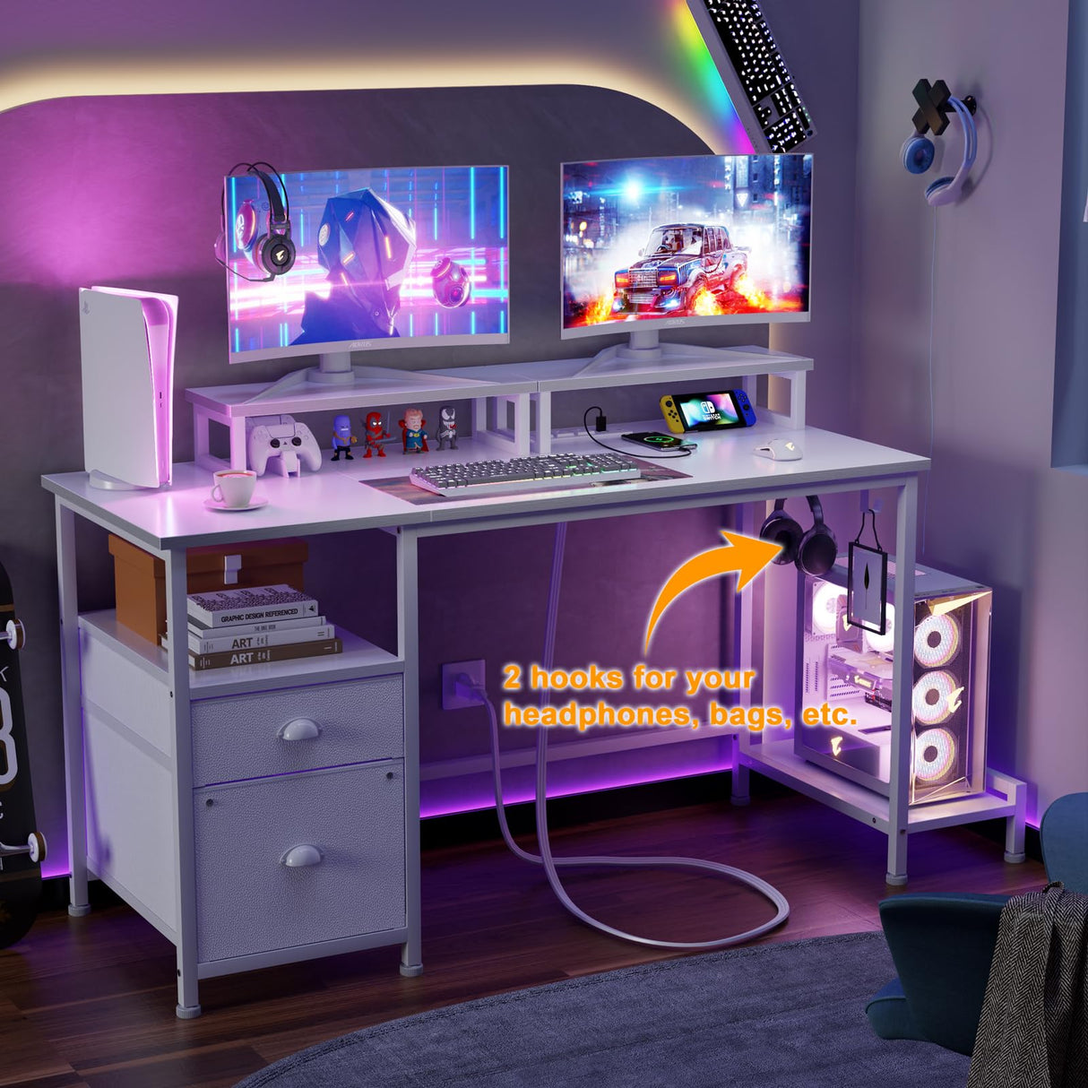 Furologee White Computer Desk with Drawer and Power Outlets, 47" Office Desk with 2 Monitor Stands and Fabric File Cabinet, Writing Gaming Table with Shelves and 2 Hooks for Home Office Furologee