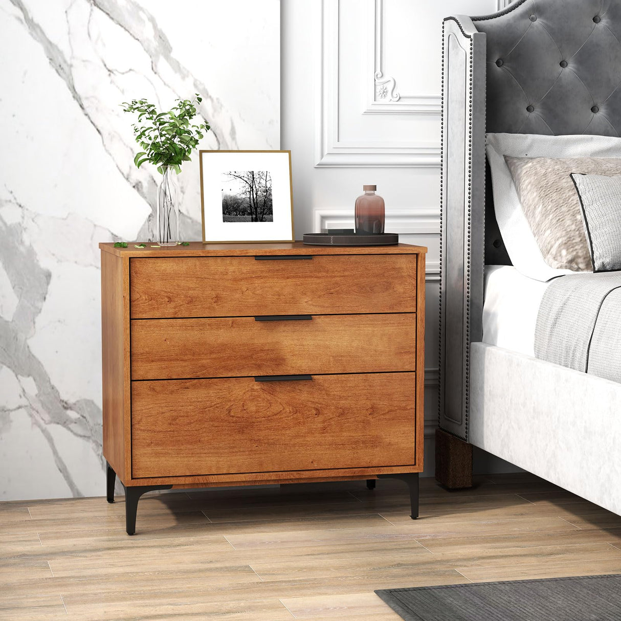 Giantex 3-Drawer Dresser for Bedroom, Multipurpose Chest of Drawers, Mid-Century Modern Storage Cabinet with Anti-Tip Kit, Clothes Organizer, 30”W Nightstand for Closet, Living Room, Entryway, Cherry Giantex