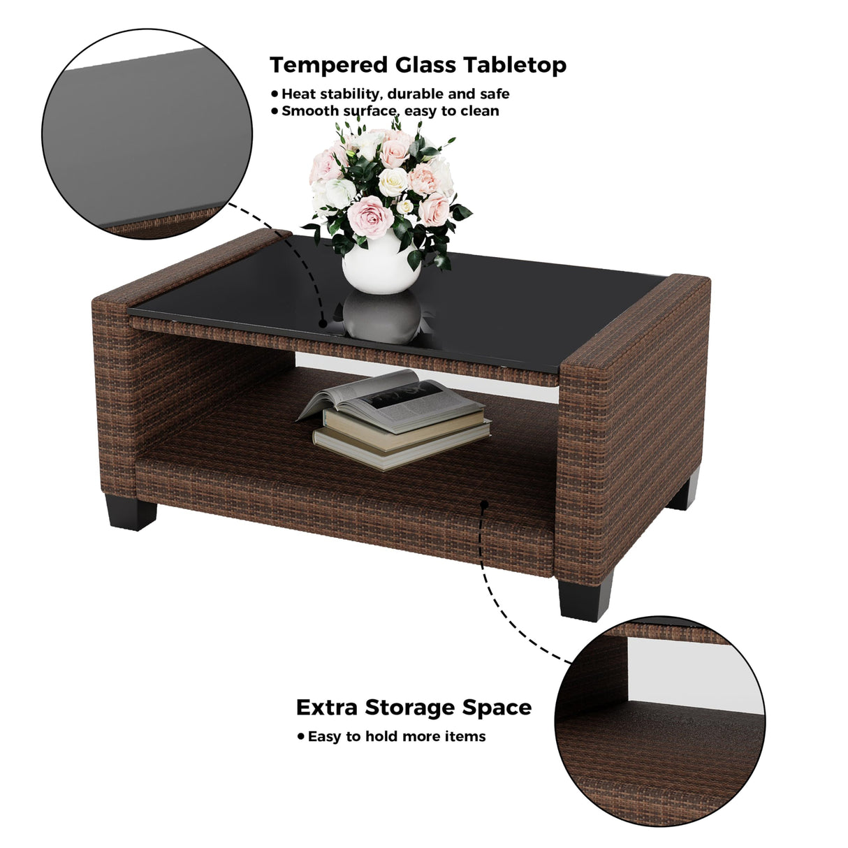 GarveeLife 5 Pieces Patio Furniture Set, 7-Seater Rattan Wicker Patio Conversation Sets with Coffee Table, Outdoor Sectional Patio Sofa Set, Brown Rattan and Blue Cushions GarveeLife