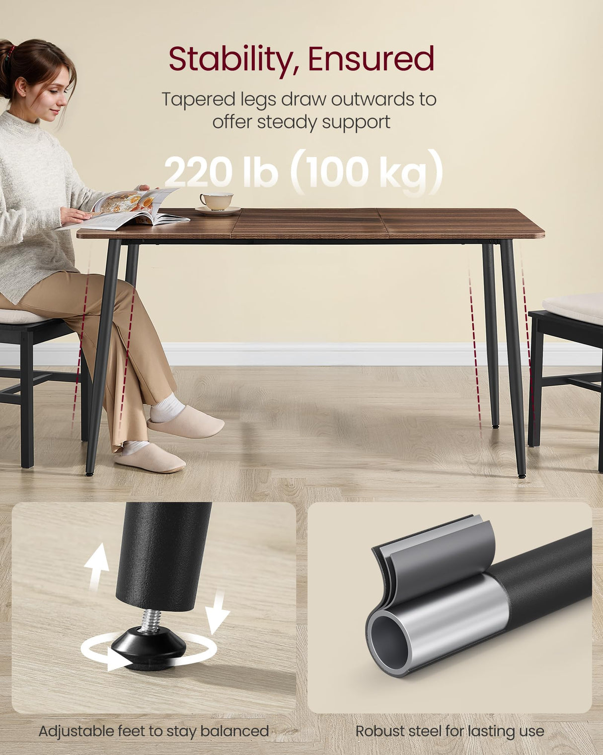 VASAGLE Dining Table, Dining Room Table for 4-6 People, Modern Farmhouse, for Kitchen, Quick Assembly, Heat-Resistant Surface, 29.5 x 55.1 x 29.5 Inches, Natural Walnut and Ink Black UKDT100K02V1 VASAGLE