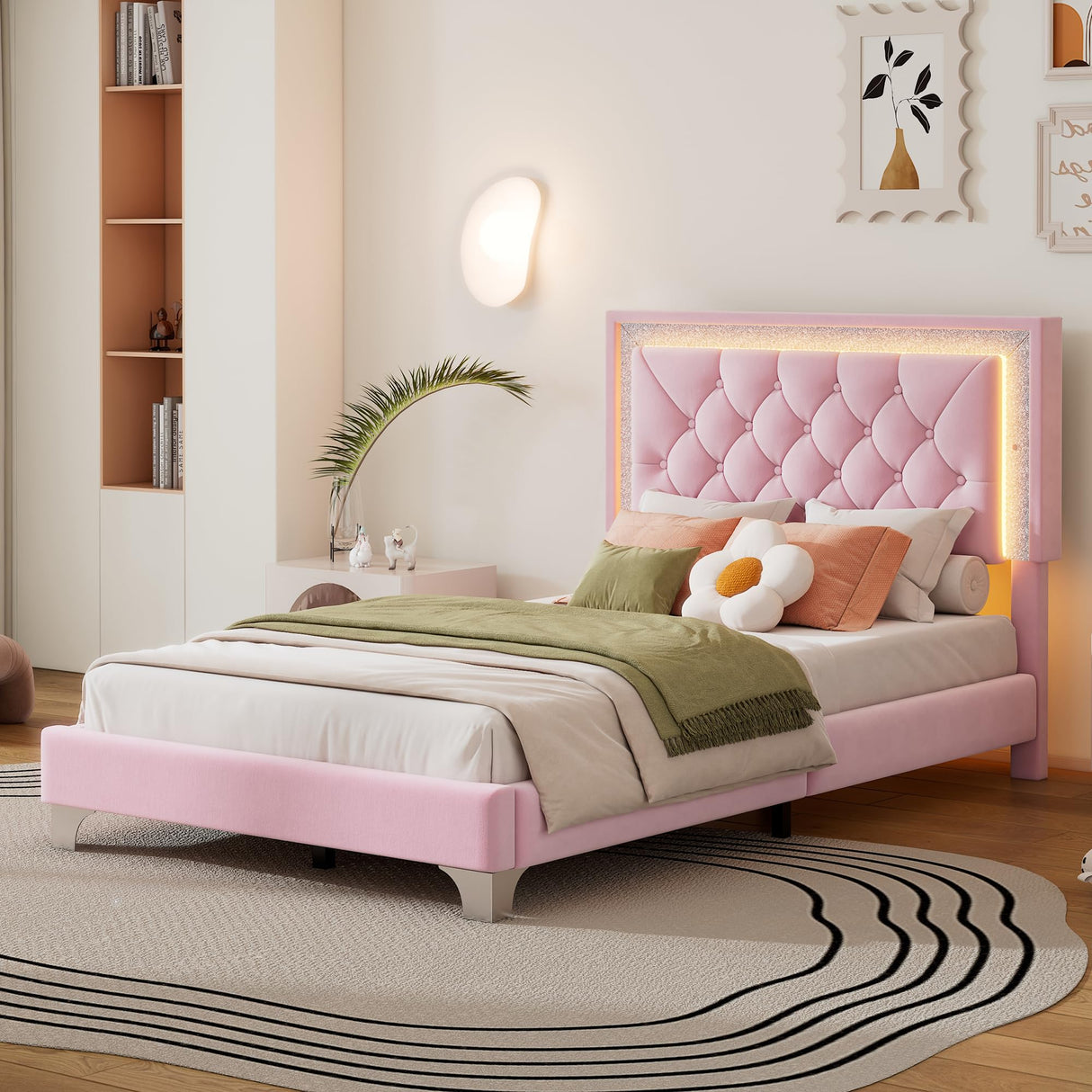 Harper & Bright Designs Velvet Twin Size Bed Frame with LED Lights, Modern Upholstered Twin Platform Bed with Tufted Headboard for Kids,Teens,Girls Boys,No Box Spring Needed,Pink Harper & Bright Designs