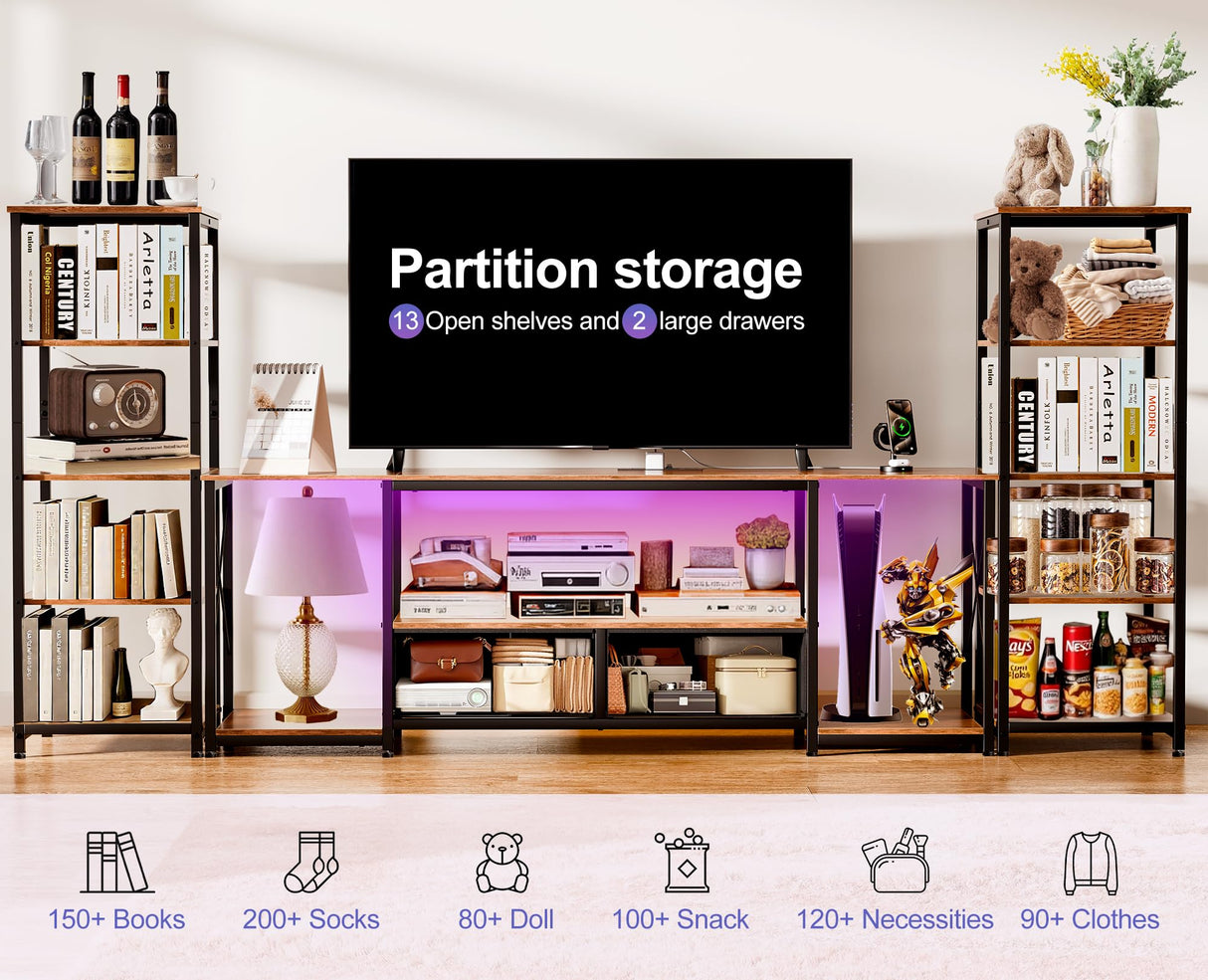 LovaraS Entertainment Center with Storage for TVs up to 65 Inch TV Stand for Living Room with 2 Bookshelves TV Console with 2 Fabric Drawers, Farmhouse Modern LED Lights & Power Outlets Bedroom LovaraS