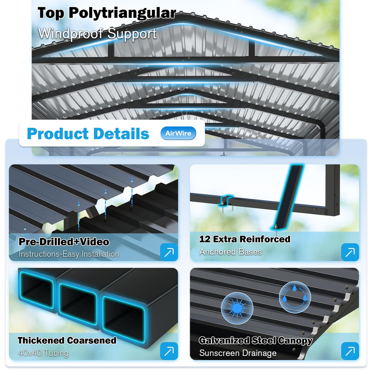 AirWire Carport Canopy 12’X20’ Heavy Duty Car Port Galvanized Steel Roof, Reinforced Stable Triangle Frame for Snowy Windy Metal Carports Enhanced Base Car Tent for Car,RV,Pickup,Boat,Truck,Tractor AirWire