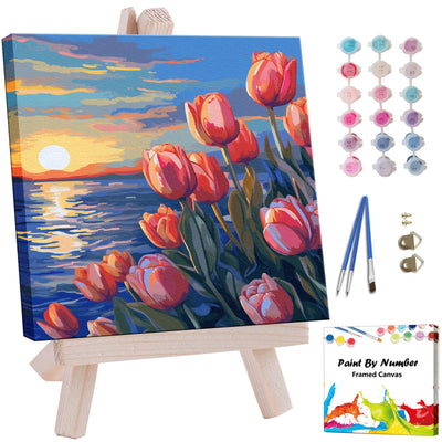 Artunion Framed Paint by Numbers Kit for Adults Beginners & Kids Ages 8-12,Sunset Tulip Flower Paint by Number with Frame,Floral Paint by Numbers Kit on Canvas 10 * 10 Inch Without Easel