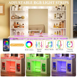 HUAHUUU Vanity Desk, Makeup Vanity Desk with Mirror and Lights 3 Colors, Transparent Top with 3 RGB Drawers, 6 Shelves, 2 Large Tempered Cabinets, Power Outlet, for Bedroom, White HUAHUU
