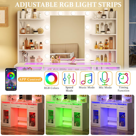 HUAHUUU Vanity Desk, Makeup Vanity Desk with Mirror and Lights 3 Colors, Transparent Top with 3 RGB Drawers, 6 Shelves, 2 Large Tempered Cabinets, Power Outlet, for Bedroom, White HUAHUU