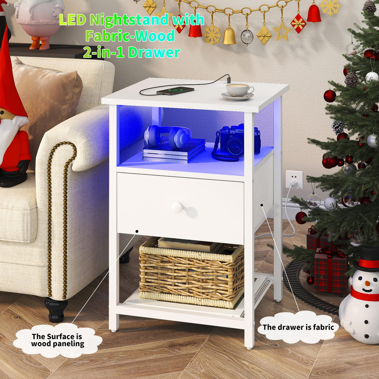 HDDDZSW LED Nightstands set of 2 with Charging Station, Bedside Tables with USB Ports and Outlets, End Table with Fabric-Wood 2-in-1 Drawer for Small Spaces, White Side Table for Bedroom, Living Room HDDDZSW