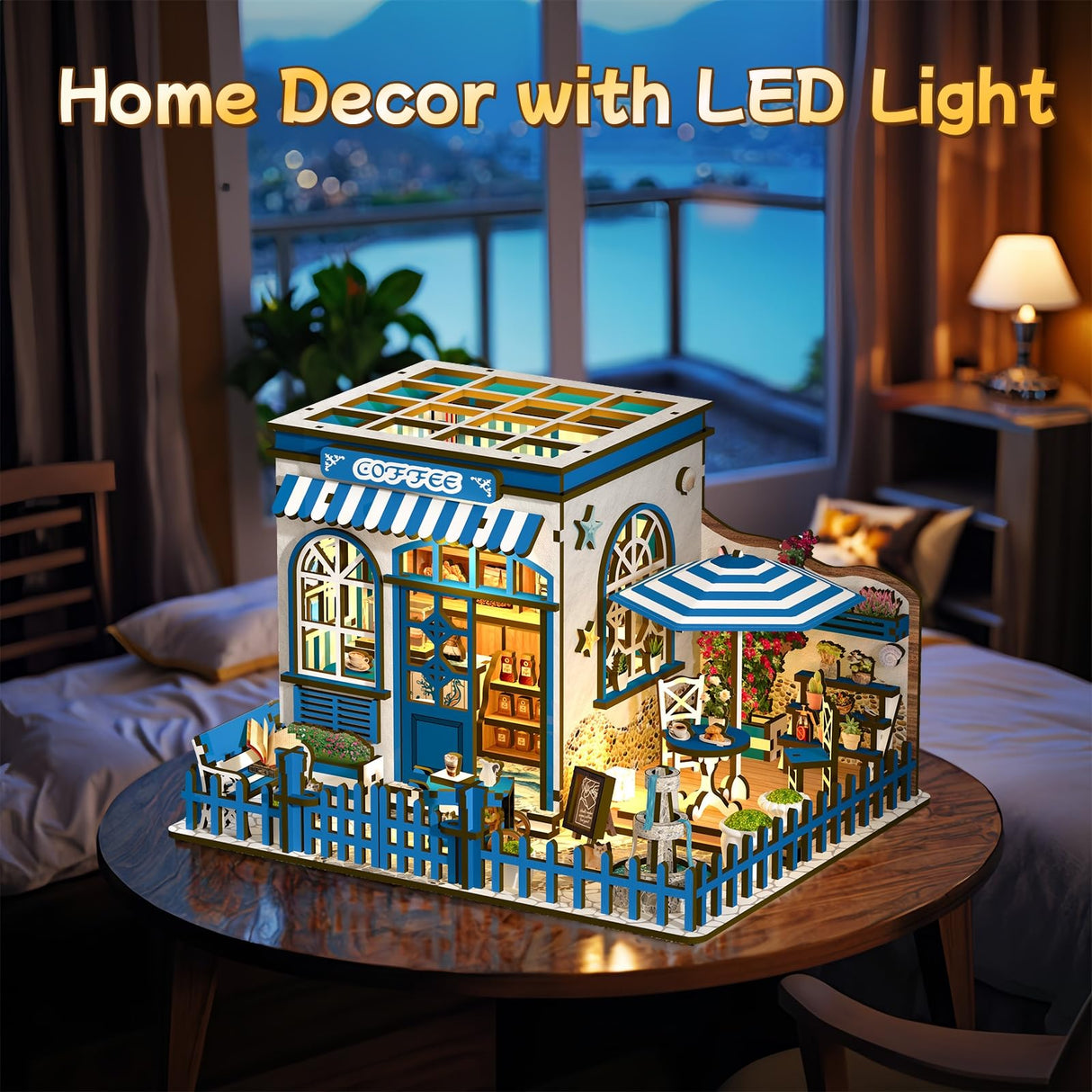 DIY Miniature House Kit, 3D Wooden Puzzle Seaside Coffee Shop with LED Lights, Book Nook Insert, Bookshelf Decor, DIY Dollhouse Craft Kit for Adults and Teens, Creative Gift Idea MOSTCLOUD