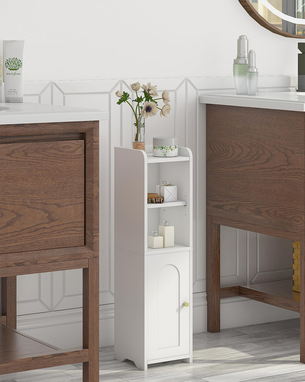 Hzuaneri Bathroom Storage Cabinet, Corner Floor Cabinet with Doors and Adjustable Shelf, Narrow Toilet Paper Cabinet, Bathroom Organizer for Small Spaces, White BC19703X Hzuaneri