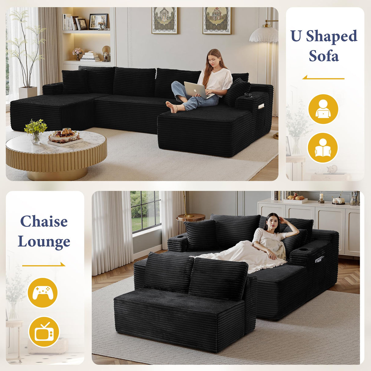 133" Oversized Couches for Living Room Modern Sectional Couch for Living Room Corduroy Boneless Couchs Comfy Cloud Couch Flexible Modular Sectional Sofa (Black, with Cup Holder) KOPSEE