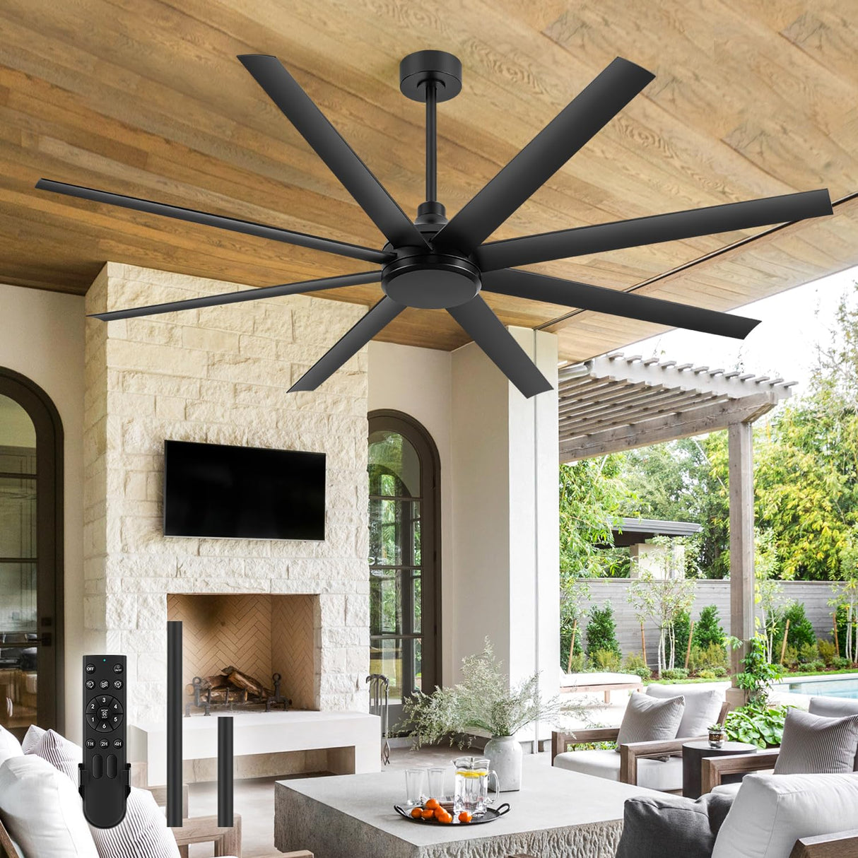 72 inch Ceiling Fans without Light Remote Control, 8 Reversible Blade, Quiet DC Motor, Timer Function, 6-Speed, Industrial Ceiling Fan No Light for Bedroom Home Kitchen (Black) Breezary