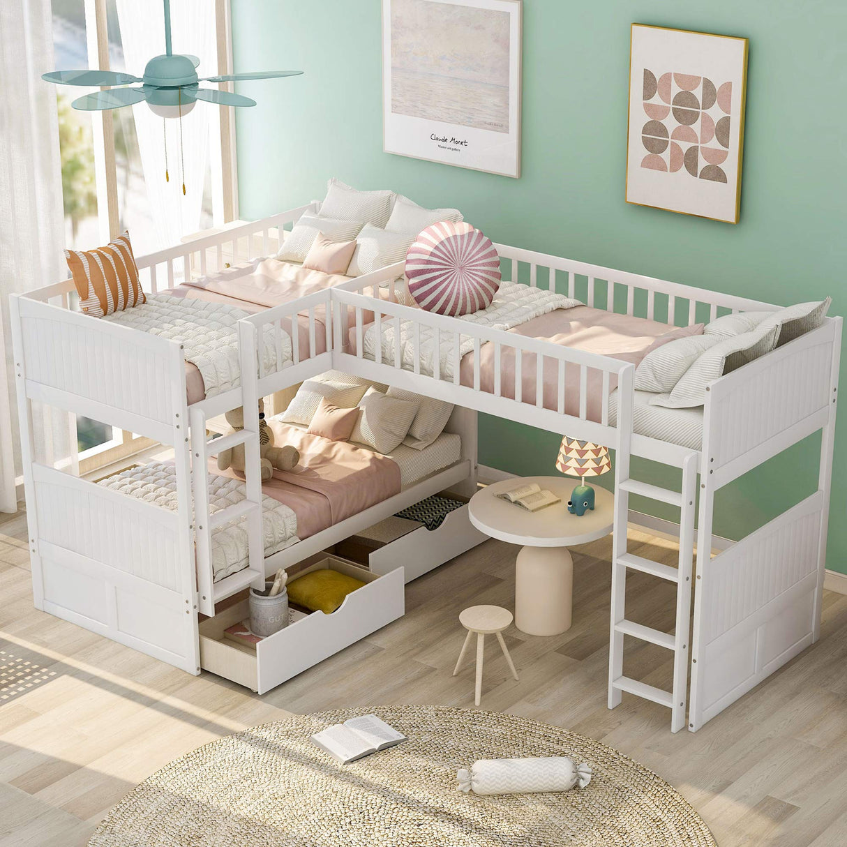 P PURLOVE L-Shaped Triple Bunk Bed for 3,Twin Over Twin &Twin Wood Triple Bed with 2 Drawers and 2 Ladders for Kids, Teens,Adults,White P PURLOVE