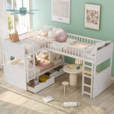 P PURLOVE L-Shaped Triple Bunk Bed for 3,Twin Over Twin &Twin Wood Triple Bed with 2 Drawers and 2 Ladders for Kids, Teens,Adults,White P PURLOVE