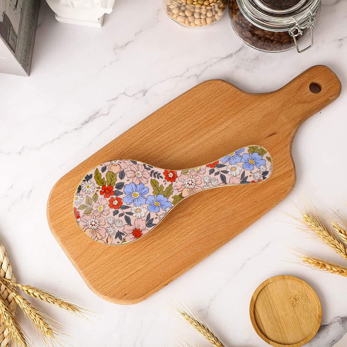 LEAZUL Ceramic Spoon Rest for Stove Top Large Spoon Holder Farmhouse Spoon Rest for Kitchen Counter Floral Coffee Spoon Rest Flowers Print Cooking Utensil Tools Rest Modern Kitchen Decor LEAZUL
