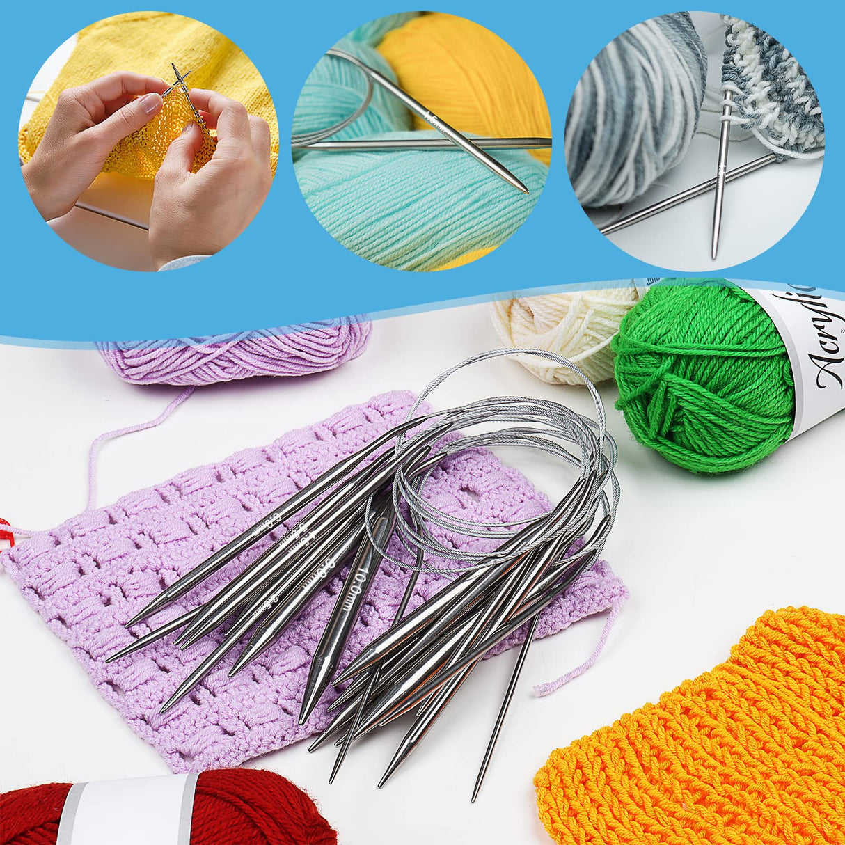 Aeelike Circular Knitting Needles Set, Stainless Steel Knitting Needles Round Knitting Needle Set (100 cm), 9 Pack Long Knitting Needles for Blankets Scarves Sweaters, Great for Beginners Aeelike