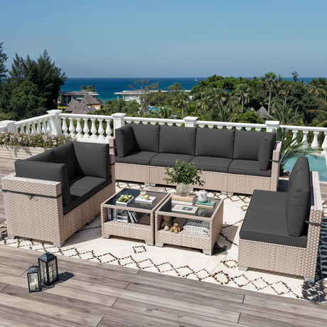 Aukreolis 10 Pieces Patio Furniture Set, Outdoor Sectional Wicker Sofa with Thick Cushions and Storage Coffee Table, Rattan Patio Conversation Sets for Deck Yard Poolside, Black Aukreolis