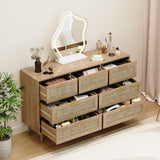Trironsun Rattan Dresser for Bedroom 7 Drawer Wide Dresser Natural Boho Chest of Drawers Modern Wood Storage Dressers with Golden Handles for Living Room Closet Hallway Trironsun