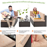 Vongrasig 5 Piece Patio Furniture Sets, All-Weather Brown PE Wicker Outdoor Couch Sectional Set, Small Conversation Set for Garden/Patio w/Ottoman, Glass Table, Red Pillow, Beige Vongrasig