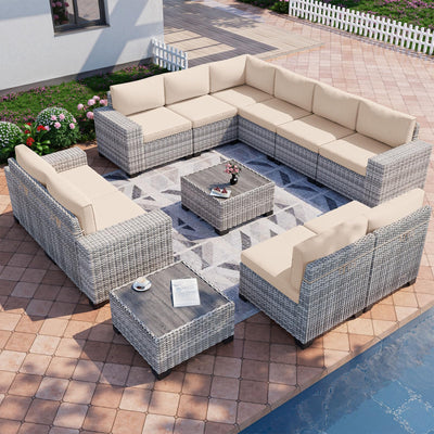 Muphyers 12-Piece Outdoor Patio Furniture Set Wicker Sectional Sofa Set, Patio Conversation Set with Thickened Cushions & Coffee Table for Garden, Backyard, Poolside, Sand