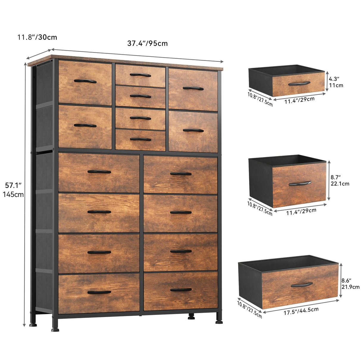 YITAHOME 16 Drawer Dresser, Fabric Dresser for Bedroom, Large Chest of Drawers, Tall Dresser for Bedroom Closet Living Room Entryway with Sturdy Metal Frame and Wooden Top (Rustic Brown) YITAHOME