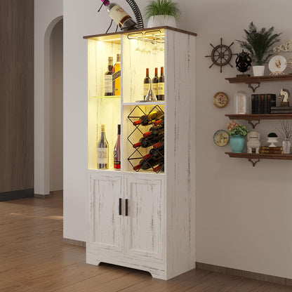 dnbss Wine Cabinet, Wine Bar Cabinet with LED Lights, Liquor Cabinet with Glass Holder Wine Rack, Farmhouse Modern Liquor Cabinet with Storage for Home (Wood White)