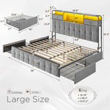 EnHomee King Bed Frame with 4 Storage Drawers King Size Bed Frame with Headboard Built in Charging Station and LED Lights, No Noise, No Box Spring Needed, Easy Assembly, Grey EnHomee