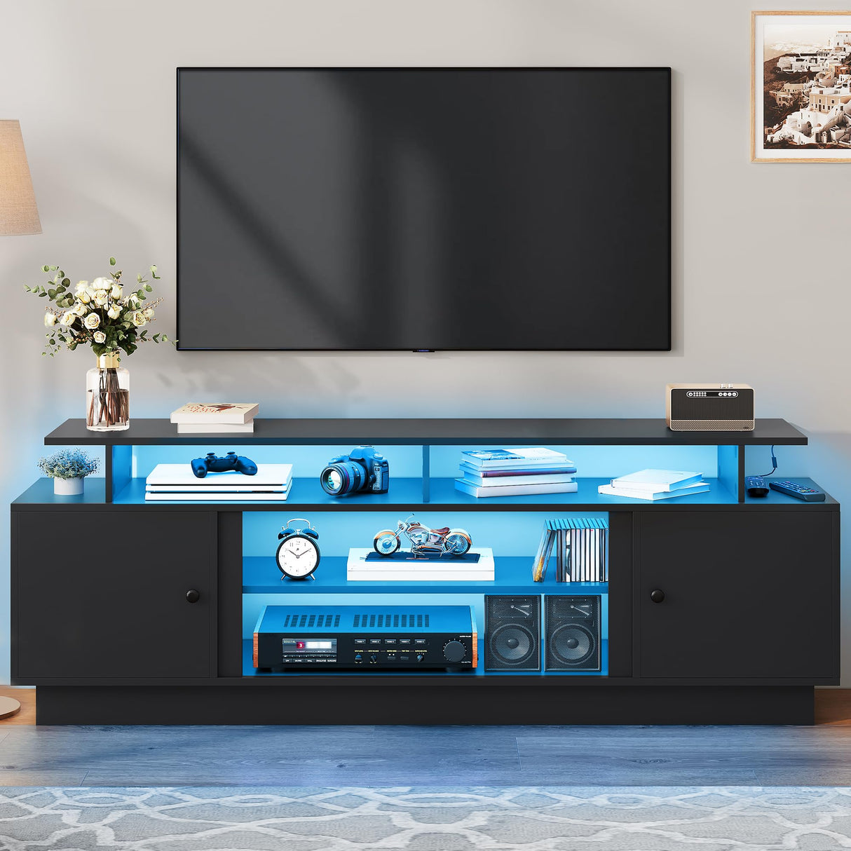 DWVO Modern TV Stand for 65/75 Inch TVs, Entertainment Center with LED Lights, TV Shelf with Storage Cabinets & Movable Partition, TV Console for Living Room, Black DWVO
