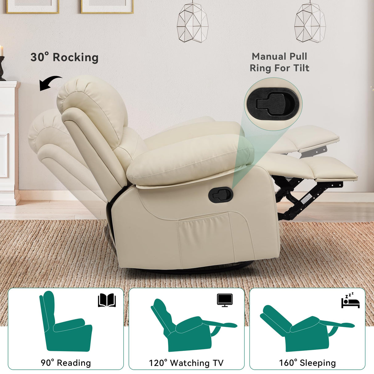 DWVO Rocker Recliner Chair with Heat and Massage, Manual Reclining Chair with Overstuffed Armrest, Rocking Function and Side Pocket, Faux Leather Recliner for Living Room,Brown, Biege DWVO