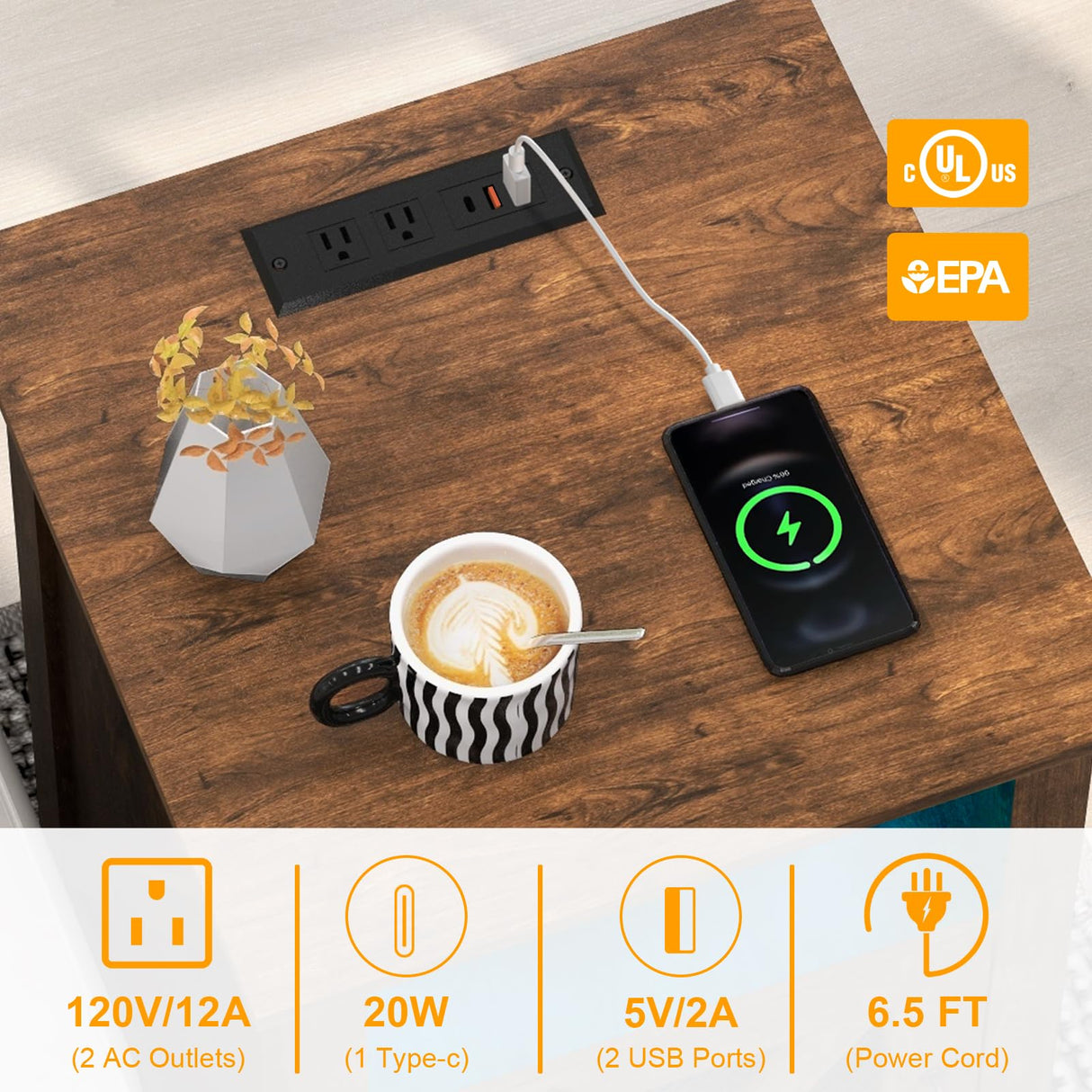 Livofloral Farmhouse Night Stands with Charging Station, End Tables with LED Lights, Bedside Table with Charger Station, Side Tables for Living Room with Storage & Barn Door, Rustic Brown End Table Livofloral