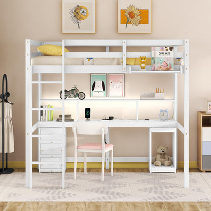 White Full Size Loft Bed with Desk, Storage, LED Lights, and Charging Station - WoodArtSupply