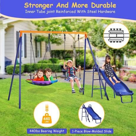 Lunafun Swing Set for Backyard with Kids Slide 440lbs Heavy-Duty Metal A-Frame 1 Saucer Swing Seat 1 Swings Seat & 1 Slide Lunafun