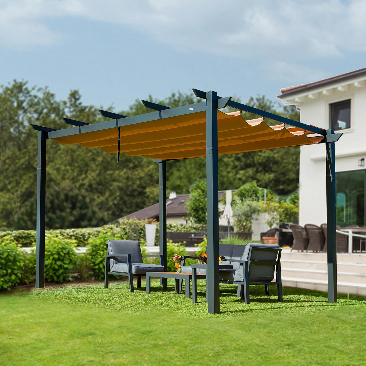 Domi 10' x 13' Outdoor Retractable Pergola, Modern Grape Trellis Pergola with Sun Shade Canopy, Patio Aluminum Shelter for Garden Porch Beach Yard