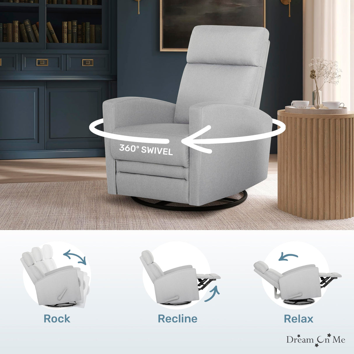 Dream On me Chatham Basic Nursery Rocking Glider in Grey, 360° Swivel Motion, FSC Certified, Greenguard Gold & JPMA Certified Nursery Glider, Three Rocking Modes Nursery Glider Recliner Dream On Me